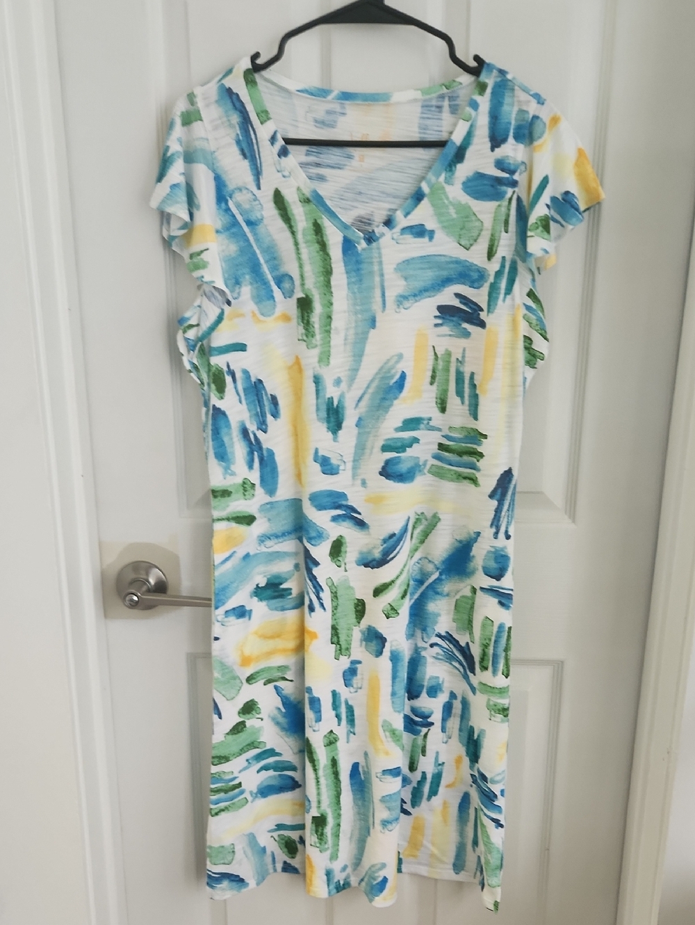 Belle White Midi TShirt Dress with Blue, Green & Yellow Brushstroke Print